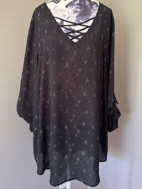 Maurices Black Lace-Up V-Neck Top with Pink Chevron Accents